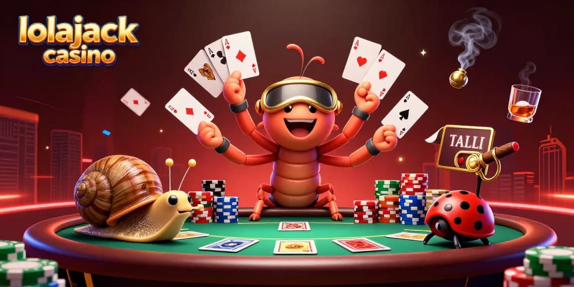 Experience the excitement of lolajack casino with a vibrant 3D illustration featuring a millipede dealer and colorful poker elements.