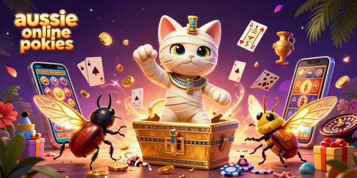 aussie online pokies scene featuring a mummy cat and scarab beetle with vibrant casino elements