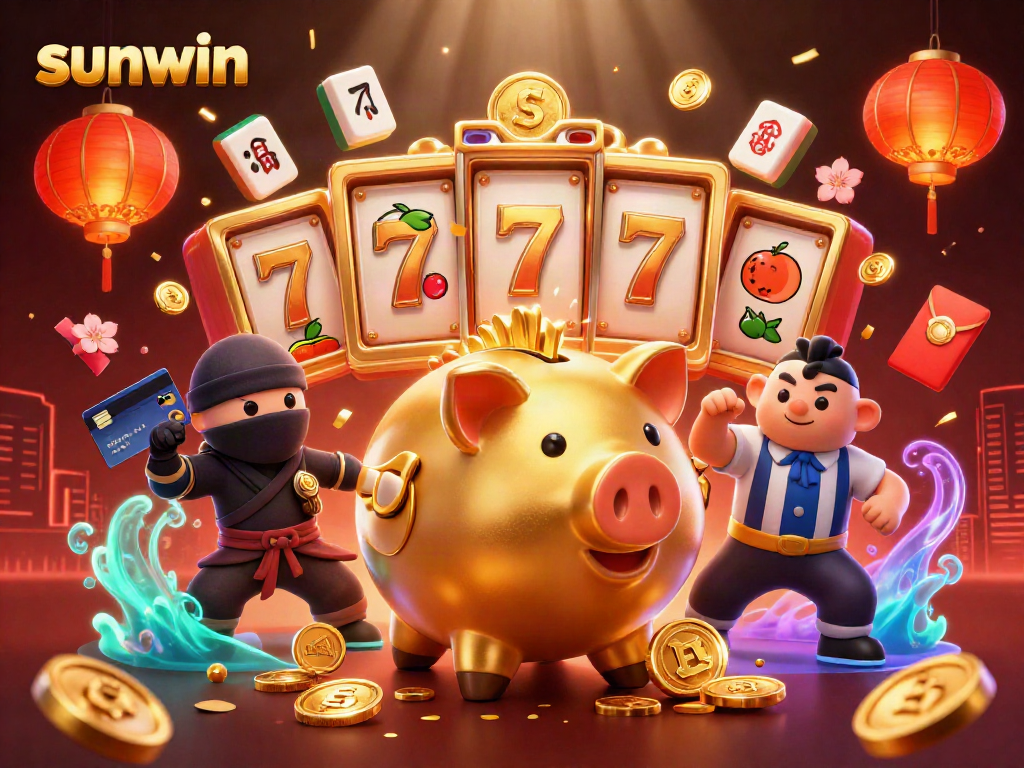 Exciting sunwin casino scene featuring a golden piggy bank sumo wrestler, winning slots, and vibrant decorations.