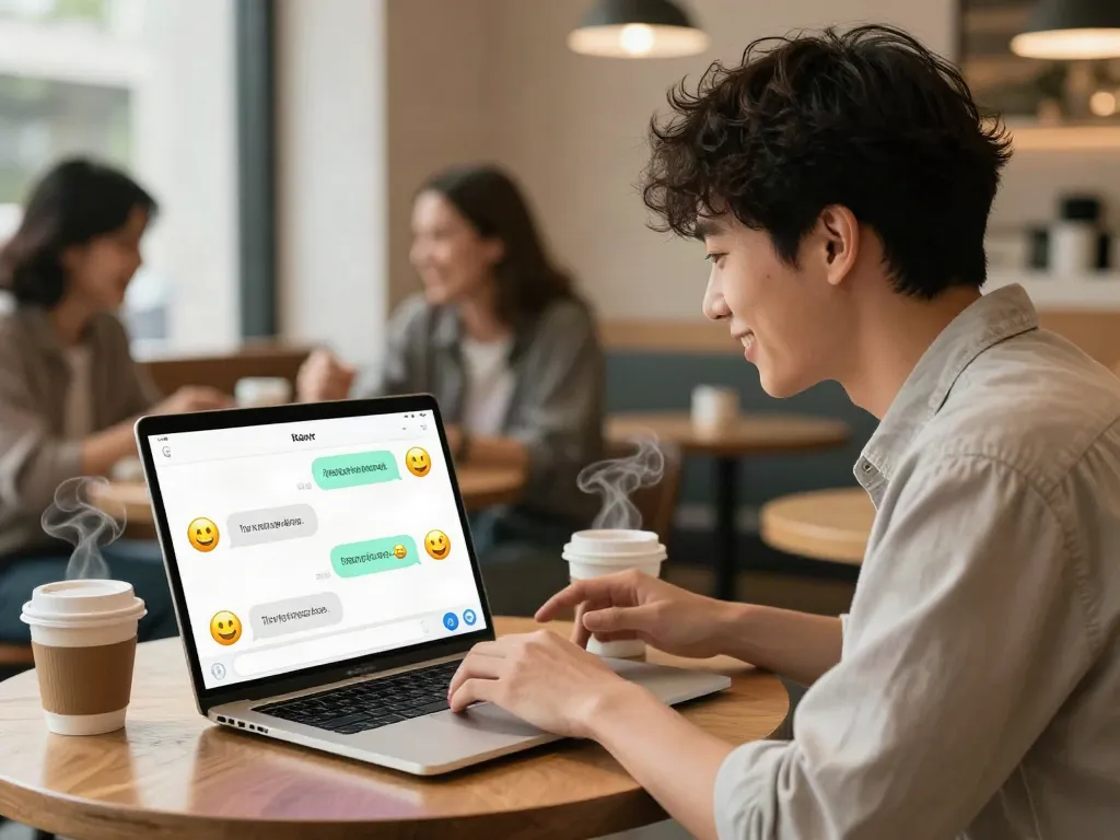 Engaging in a spicy chat AI conversation in a cozy café setting, showcasing vibrant chatbot interface.