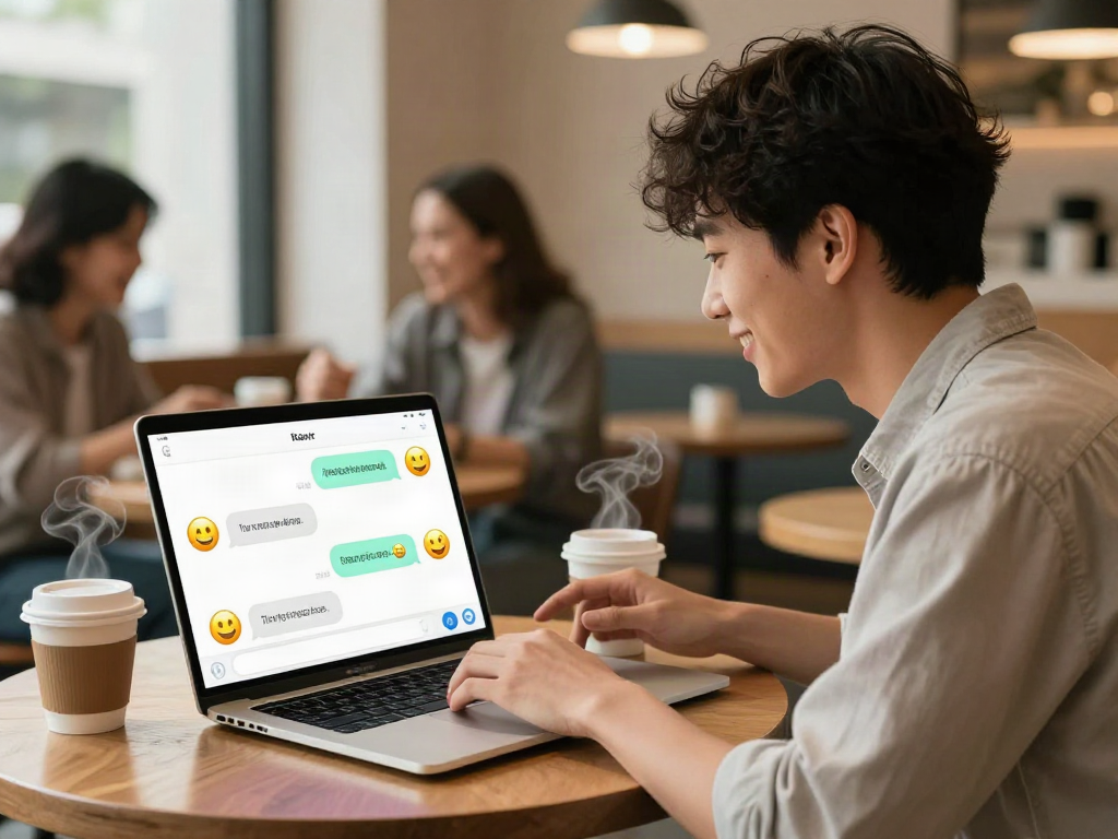 Engaging in a spicy chat AI conversation in a cozy café setting, showcasing vibrant chatbot interface.