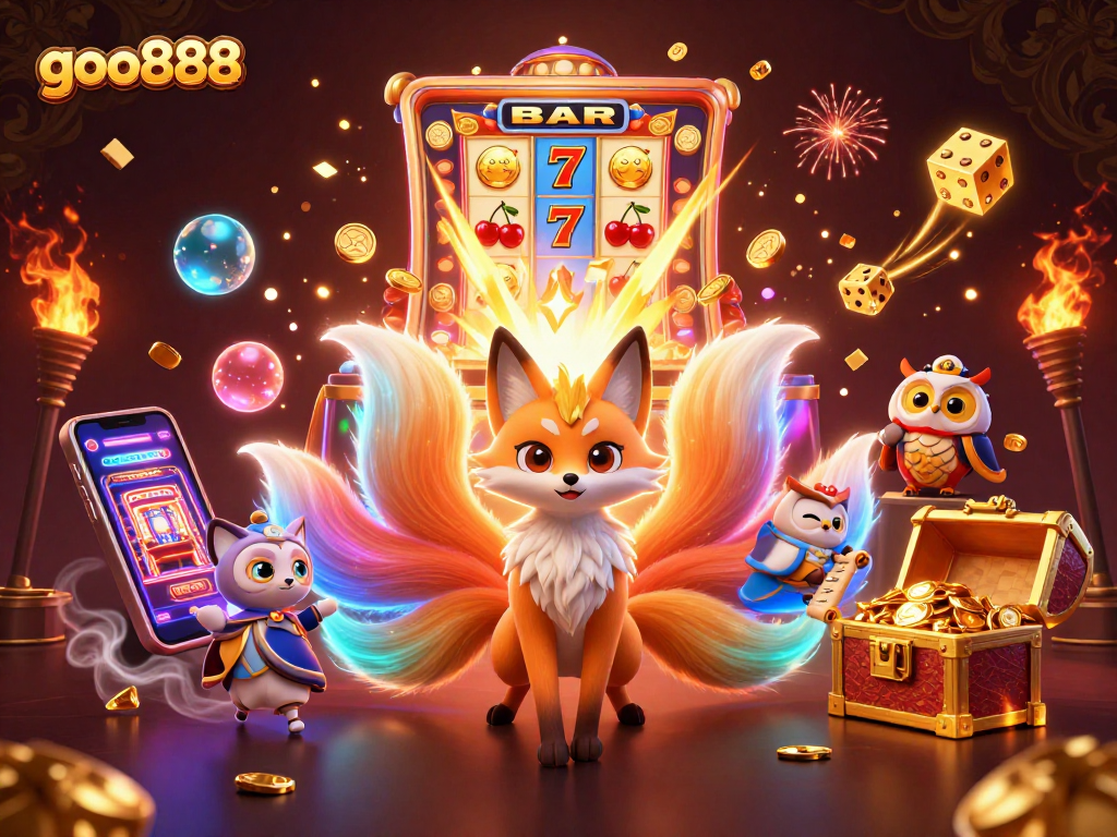 Experience goo888 with a vibrant nine-tailed fox spirit surrounded by gaming elements and reward symbols.