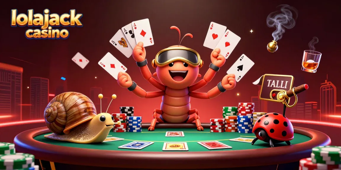 Experience the excitement of lolajack casino with a vibrant 3D illustration featuring a millipede dealer and colorful poker elements.
