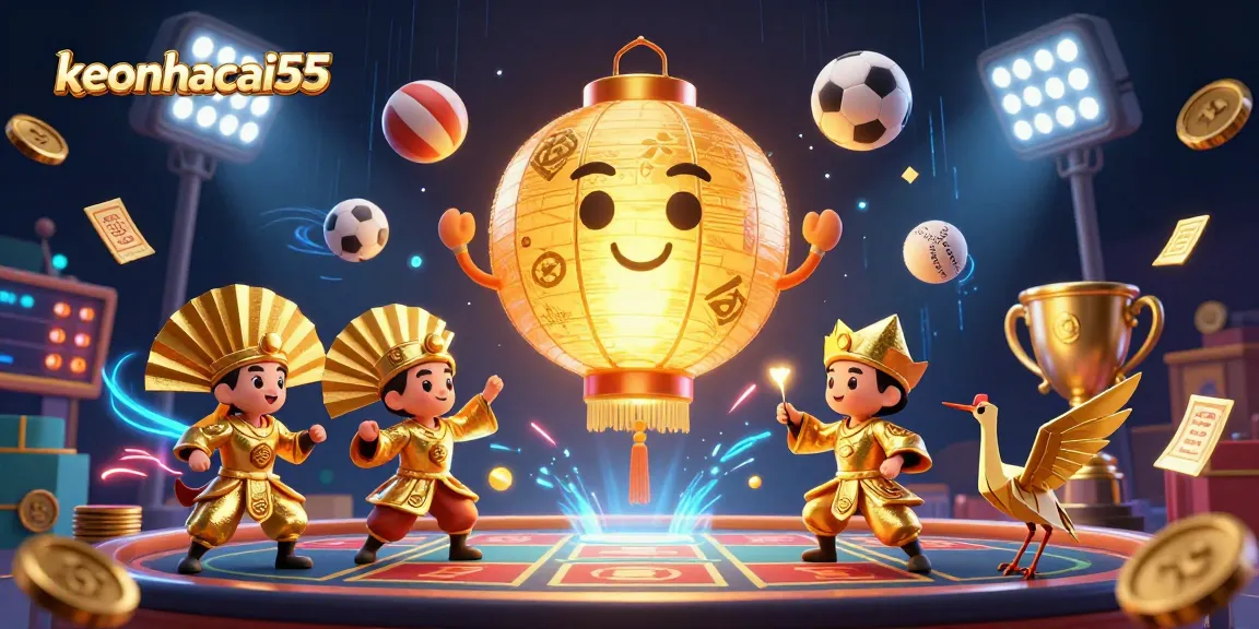 Engage in dynamic sports betting with keonhacai55, amidst vibrant elements and lucky symbols.