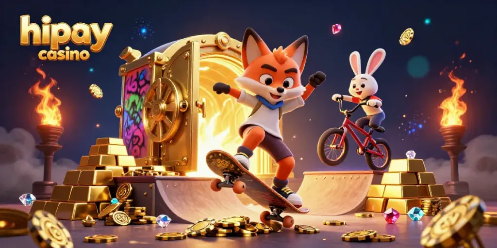 Engage with a vibrant scene of a hipay casino with a skateboarder fox and BMX rabbit amid golden poker chips and treasure.