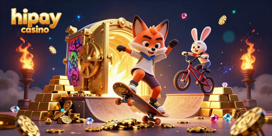 Engage with a vibrant scene of a hipay casino with a skateboarder fox and BMX rabbit amid golden poker chips and treasure.