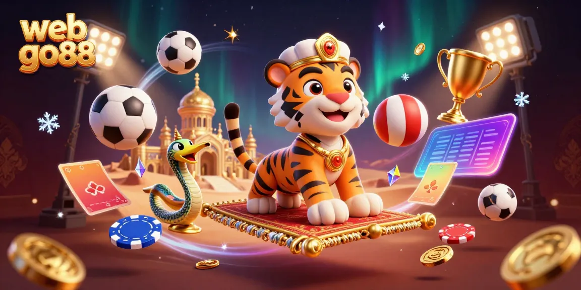 Join the excitement at web go88 with a genie and sultan surrounded by vibrant casino elements.