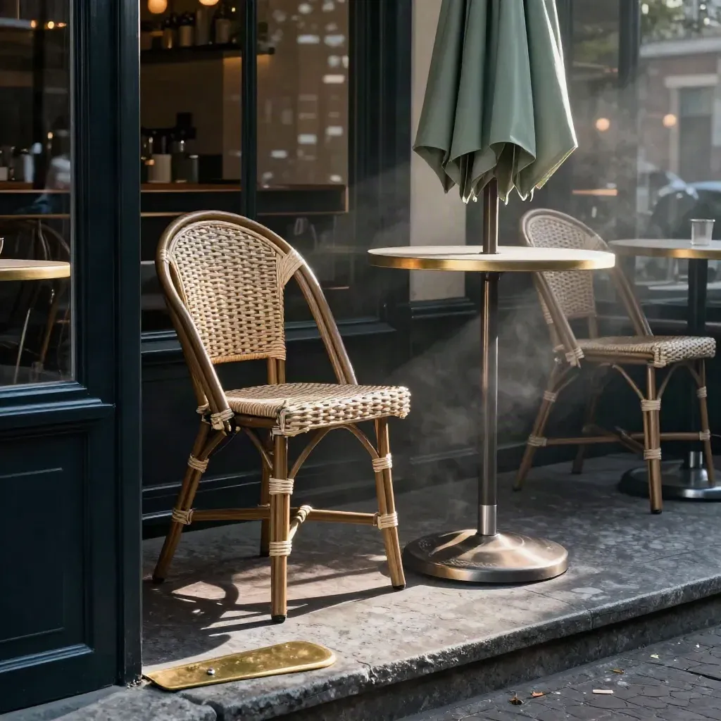 Lege horecaterras met stoel, parasolvoet, windscherm en voetsteun buiten een gesloten café