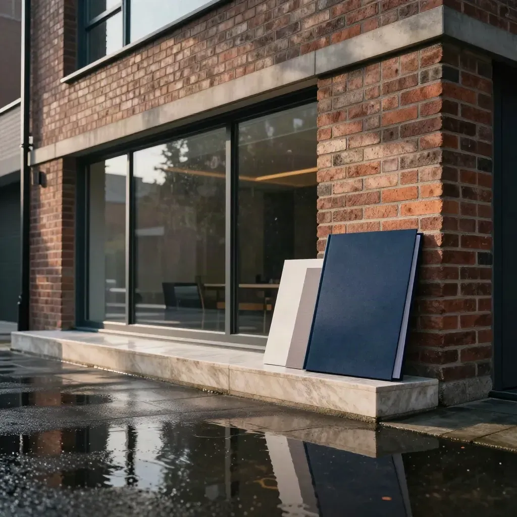 Regen en gevel van een gemengd gebouw met terras en documenten voor vergunning.