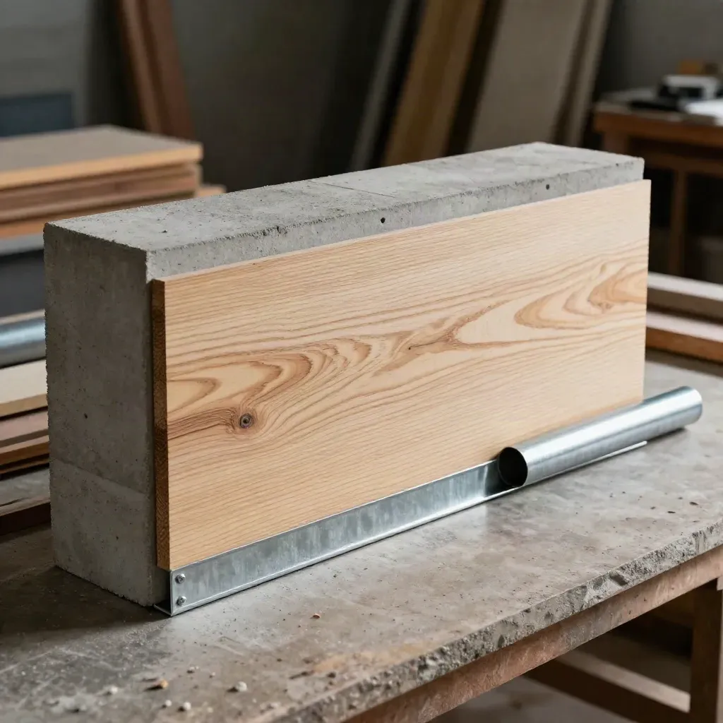 Bouwmaterialen voor een gevelmock-up met betonblok, hout en metalen hoekdetail op werkbank.