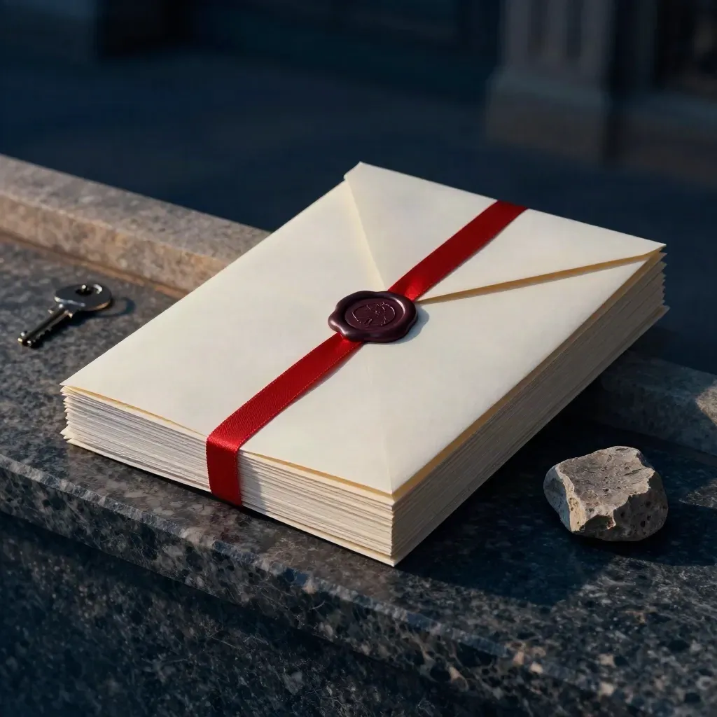 Bezwaarbundel met rood lint, verzegelde envelop en steenfragment in schemerlicht.