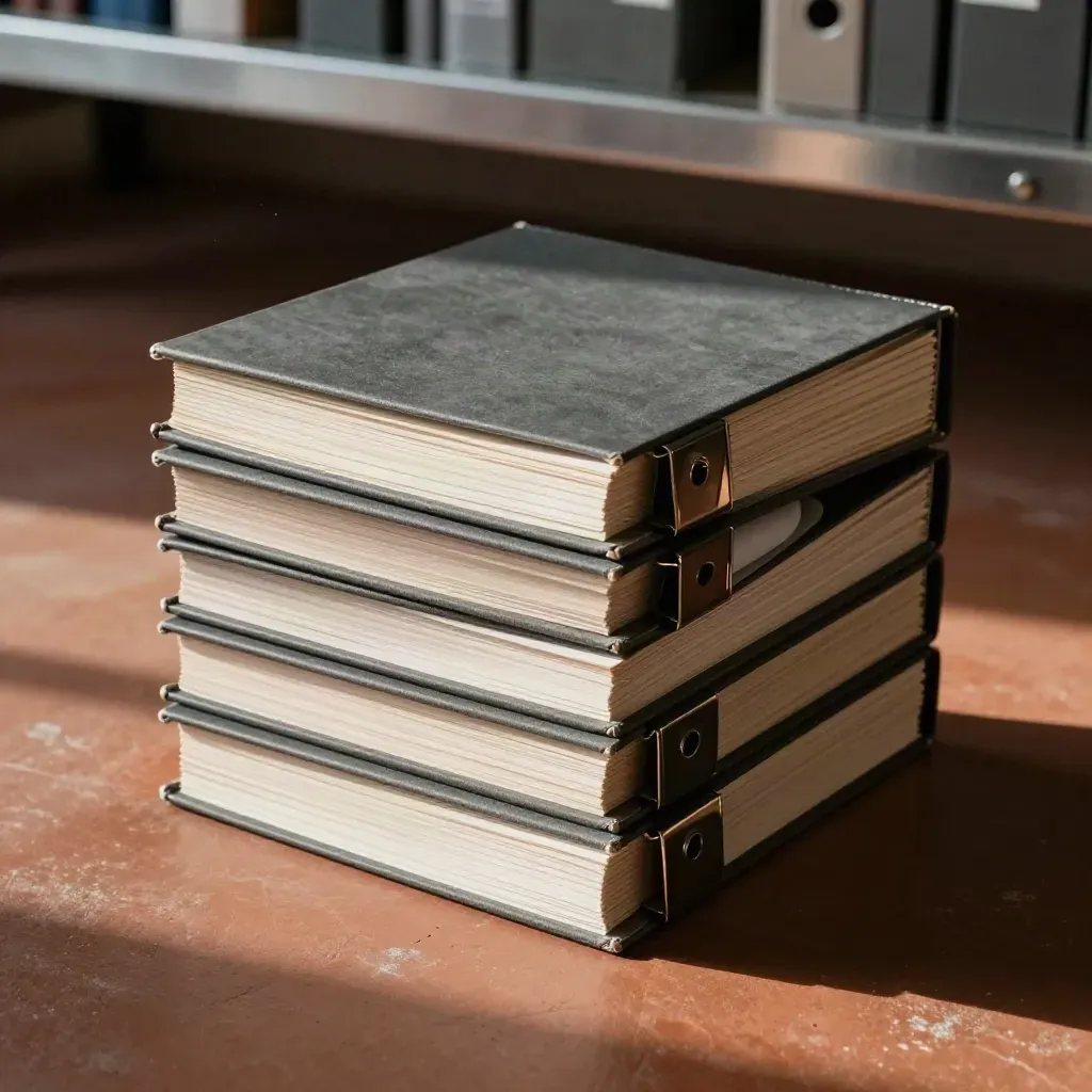 Bovenaanzicht van een dossierbinder met tabbladen en planbuizen op een terracotta archieffloor.