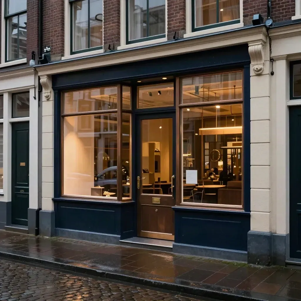 Gerestaureerde winkelpui in Haarlem met nieuw glas en warme verlichting na de verbouwing.