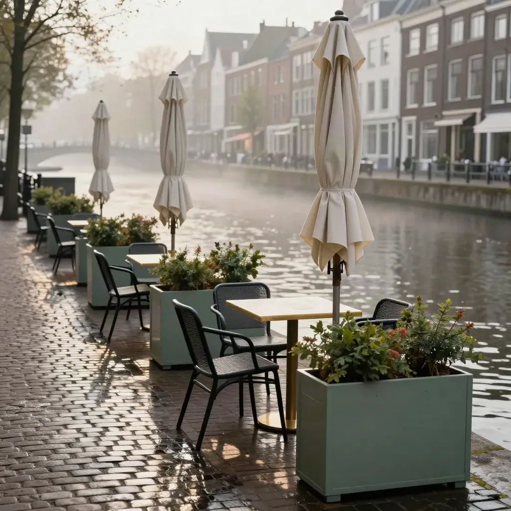 Leeg caféterras aan de gracht in Utrecht met stoelen, plantenbakken, parasols en natte kasseien.