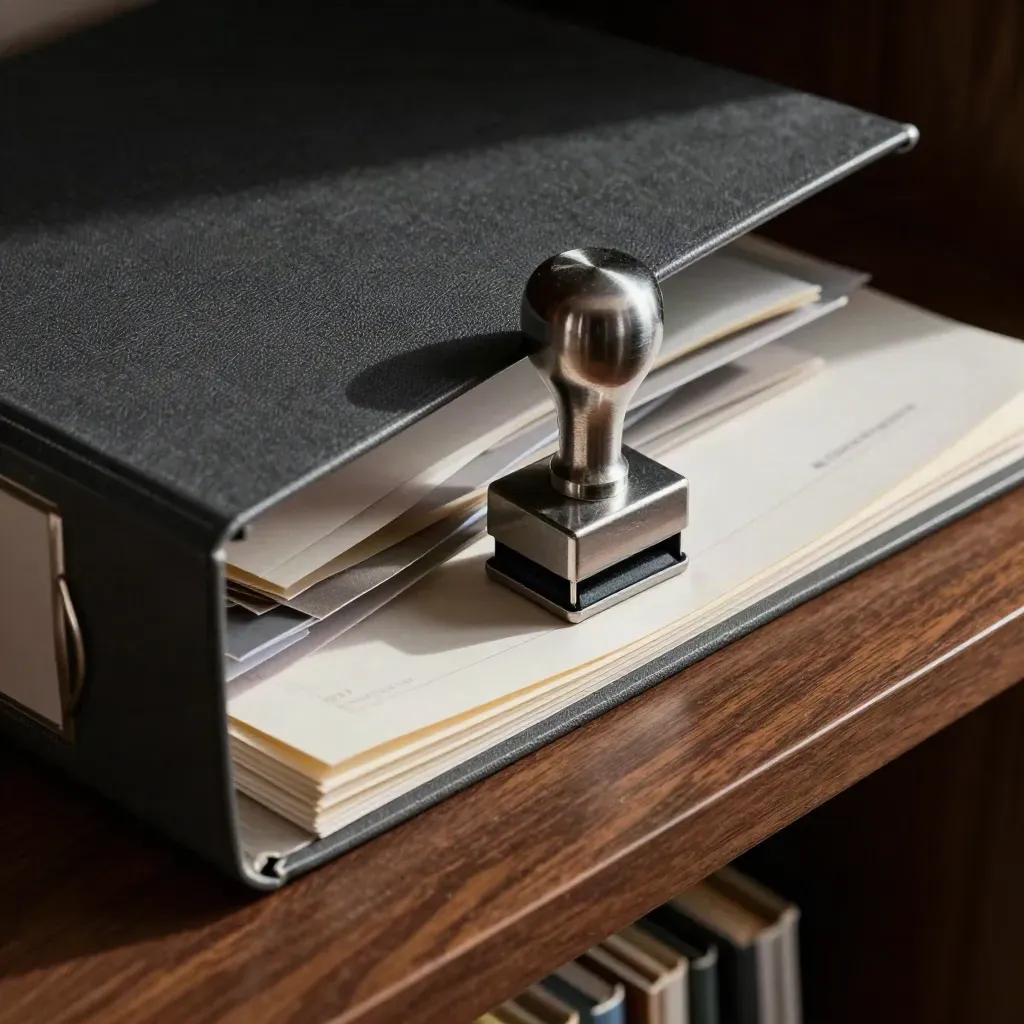 Close-up van dossierarchivering met stempel, tabbladen en grijze ordner op een donkere plank.