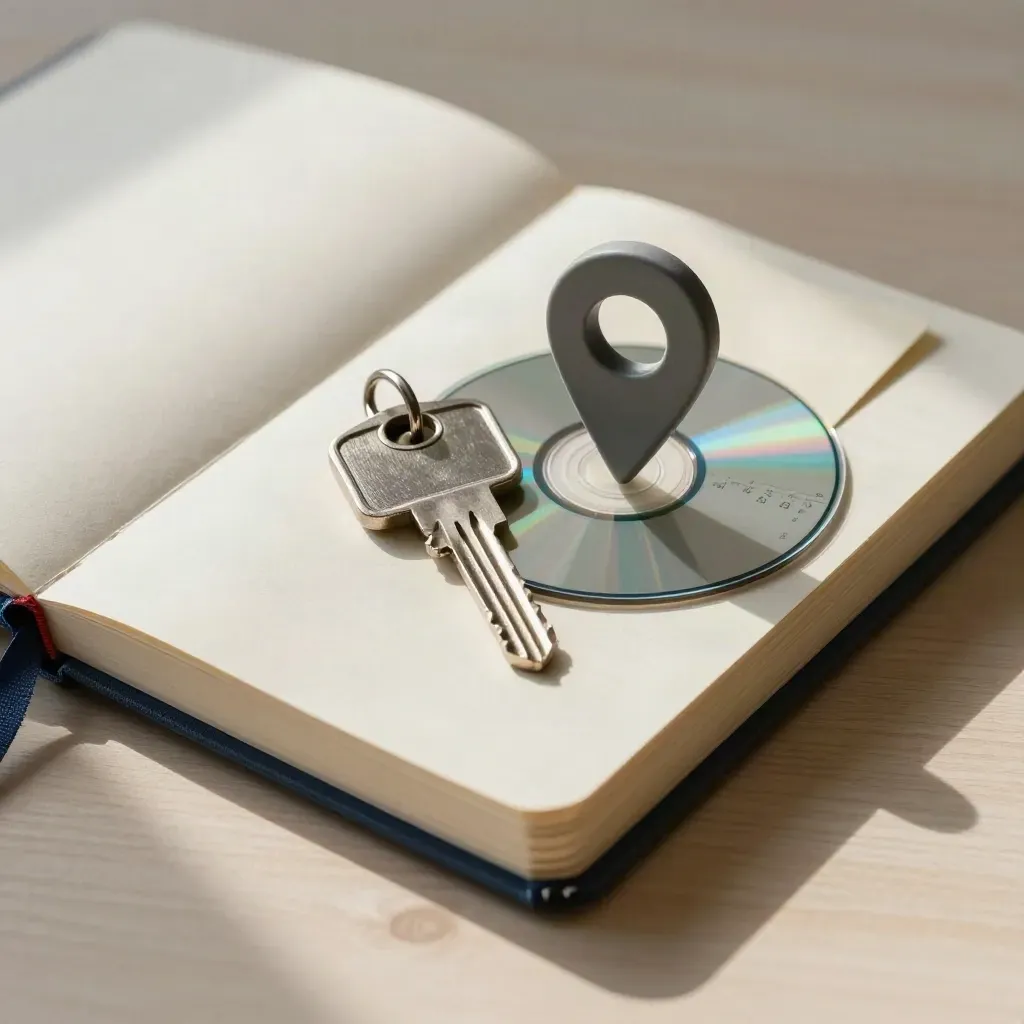 Bovenaanzicht van notitieboek, sleuteltoken, locatiepin en kalenderdisc op licht hout.