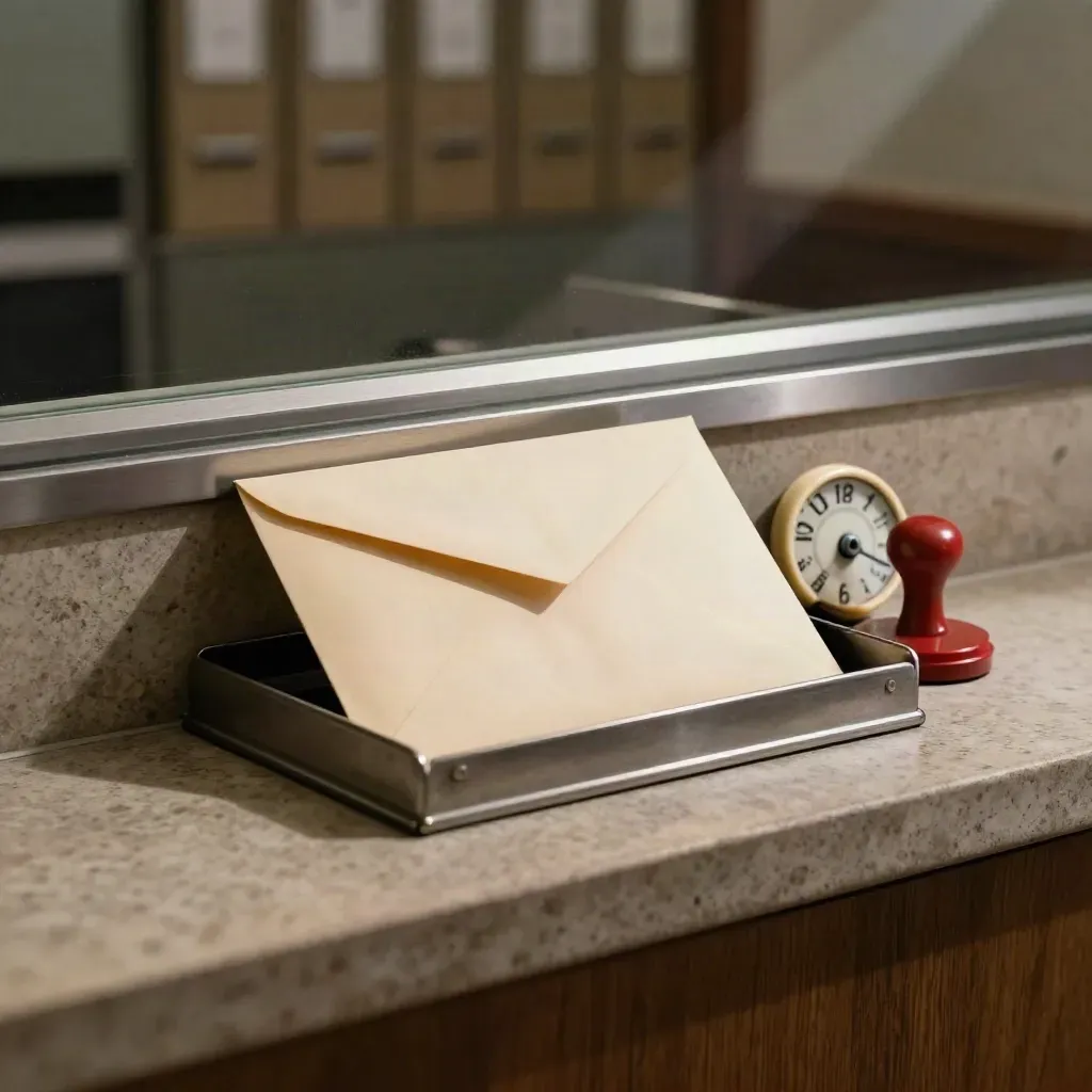 Envelop, datumschijf en postbakje op een lichte vergunningenbalie met zachte schaduw.