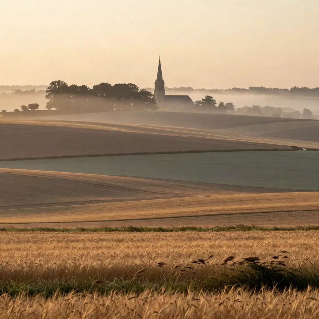Brabant landschap met kerktoren hoog in de mist boven stille velden