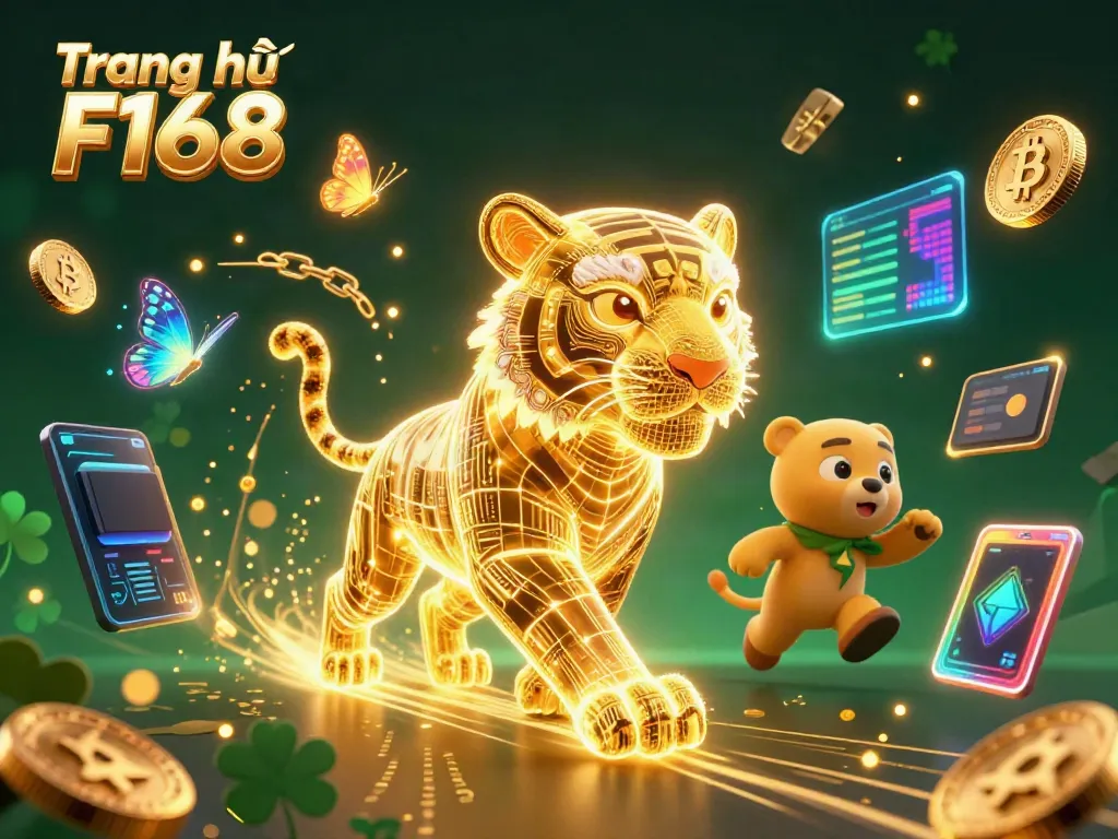 Engage in thrilling gaming at Trang chủ F168 featuring a neon golden tiger amidst vibrant digital elements.